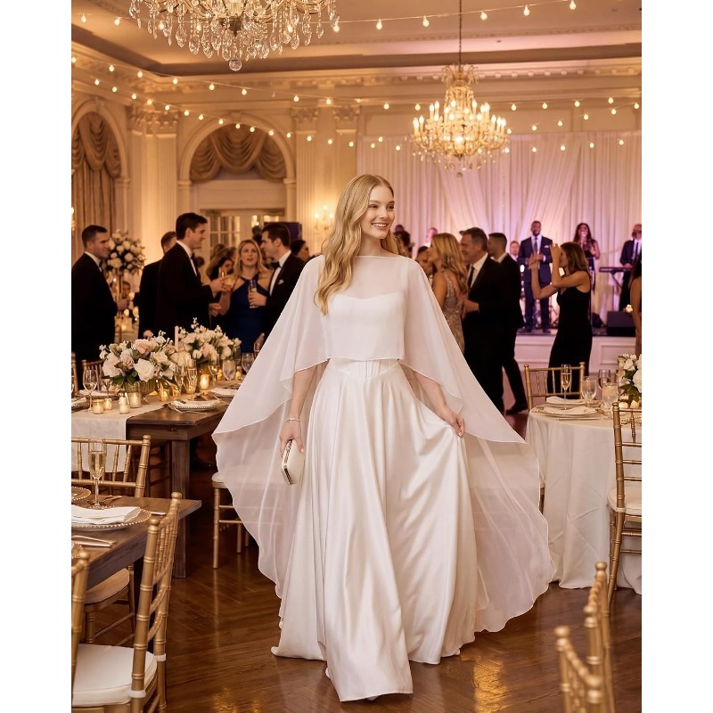 Elegant bride's long train chiffon cape wedding dress with pullover sheer shawl, wedding dress outer cape, available for wholesale