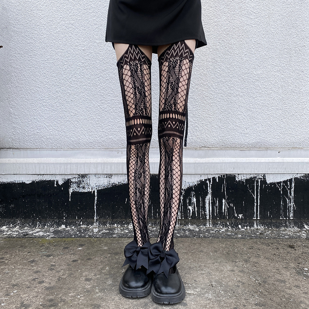 Strumpfhalterstrümpfe mit Netzloch, Internet-Promi, schwarze Seide, Sommer, dünn, japanisches Retro-Muster, lange Röhre, Overknee-Strümpfe für Damen_voghion.com
