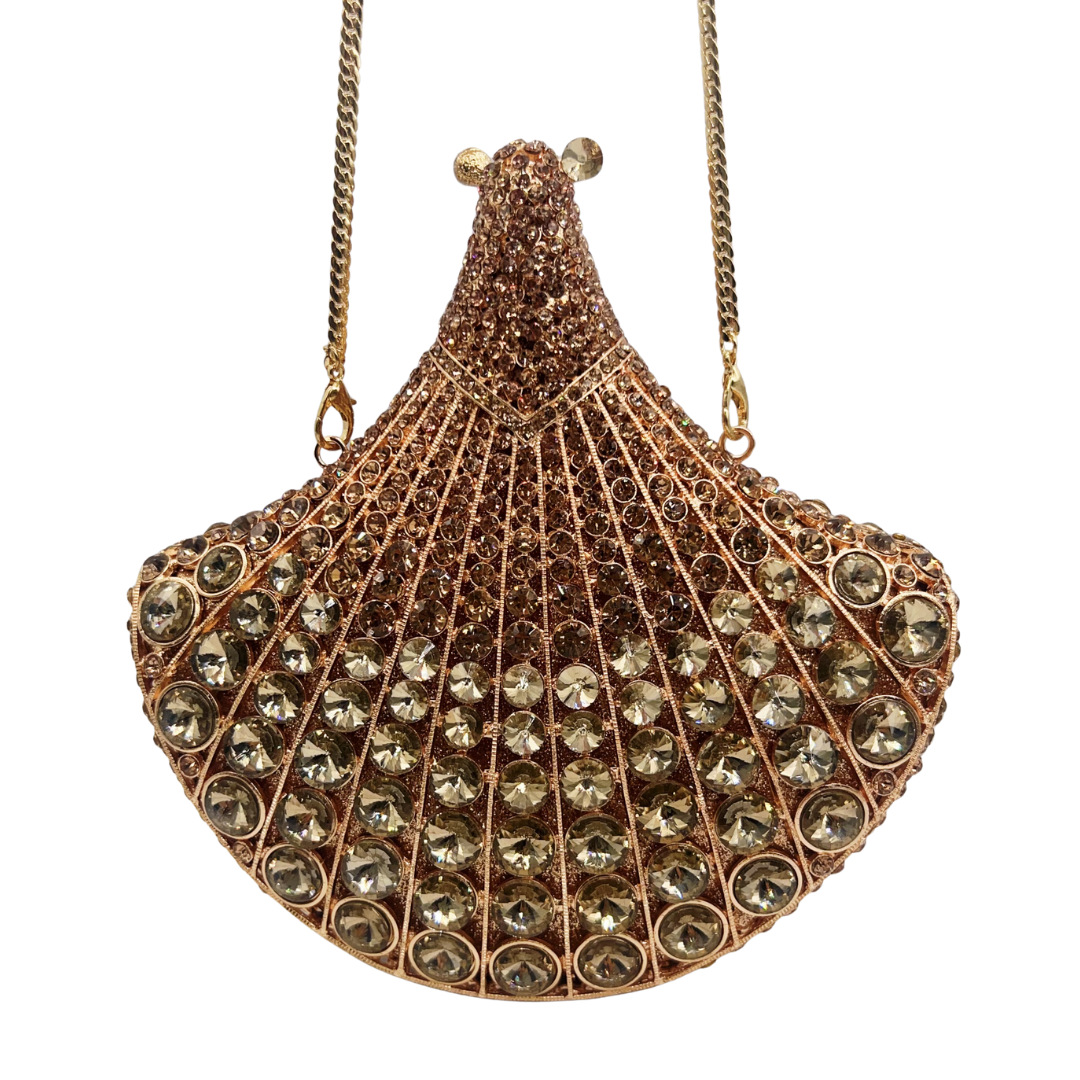 Clutch nữ hình quạt đính đá cao cấp dự tiệc cầm tay — màu vàng, bạc, màu đỏ, màu ô liu xanh