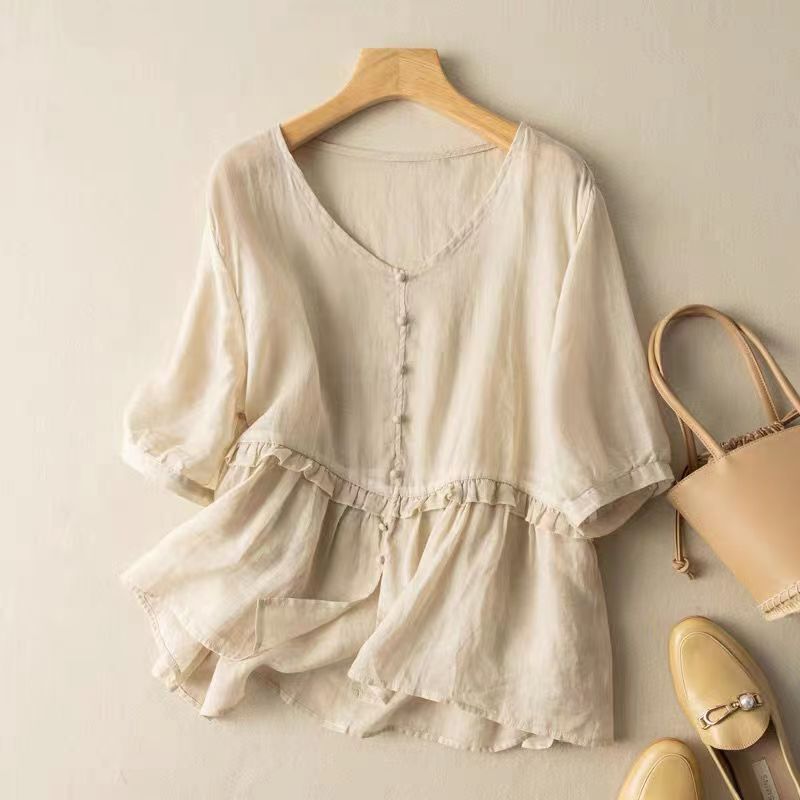 Short-Sleeved Cotton and Linen Top, Loose-Fitting Artistic Retro Pullover Blouse with a High-End Feel, 2026 New Summer Thin Style