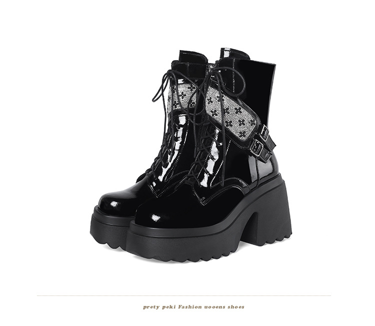 Boot nữ cổ ngắn phong cách Anh quốc, gót vuông 10cm, đế platform, khóa kéo bên hông — Lót nhung đen chi tiết 15