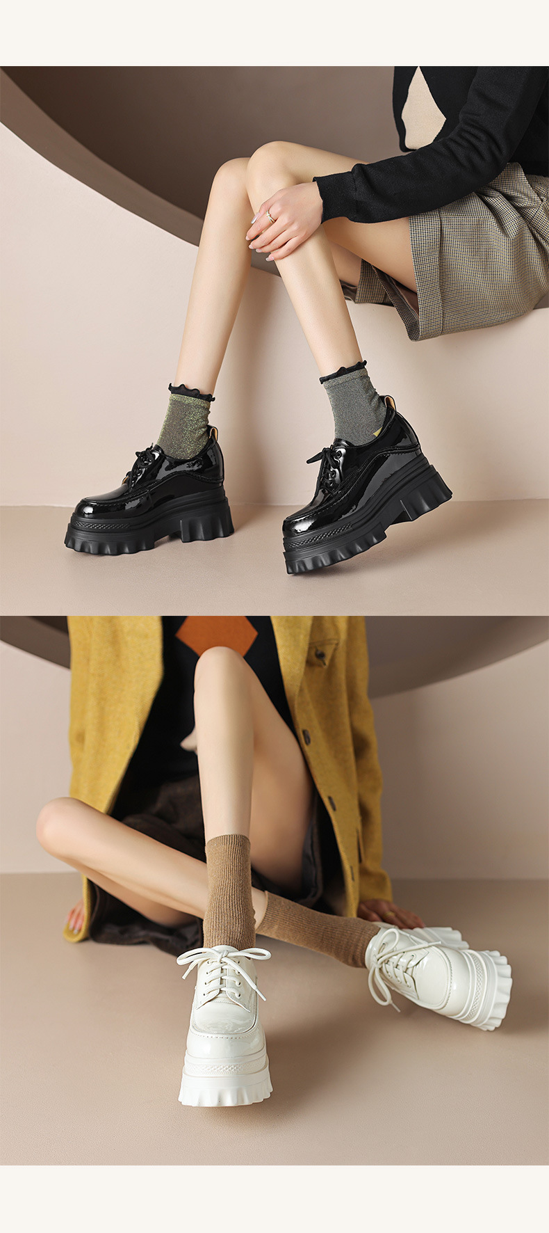 Giày loafer nữ đế xuồng cao gót 10cm, mũi tròn dây buộc, phong cách trẻ trung — màu be chi tiết 8