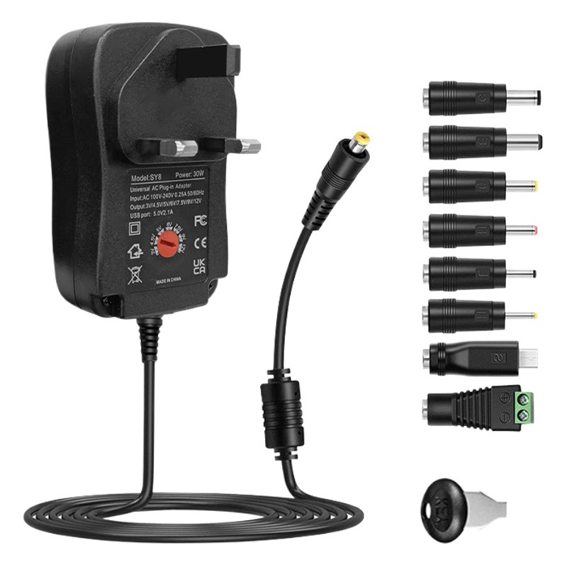 Cargador multifunción de 30W 8 fuente de alimentación ajustable estándar británica adaptador de cargador multifunción de 3V-12V