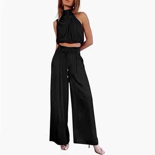 Women's 2-piece Summer Casual Sleeveless Collar Open Navel Top Wide Leg Pants Set_voghion.com