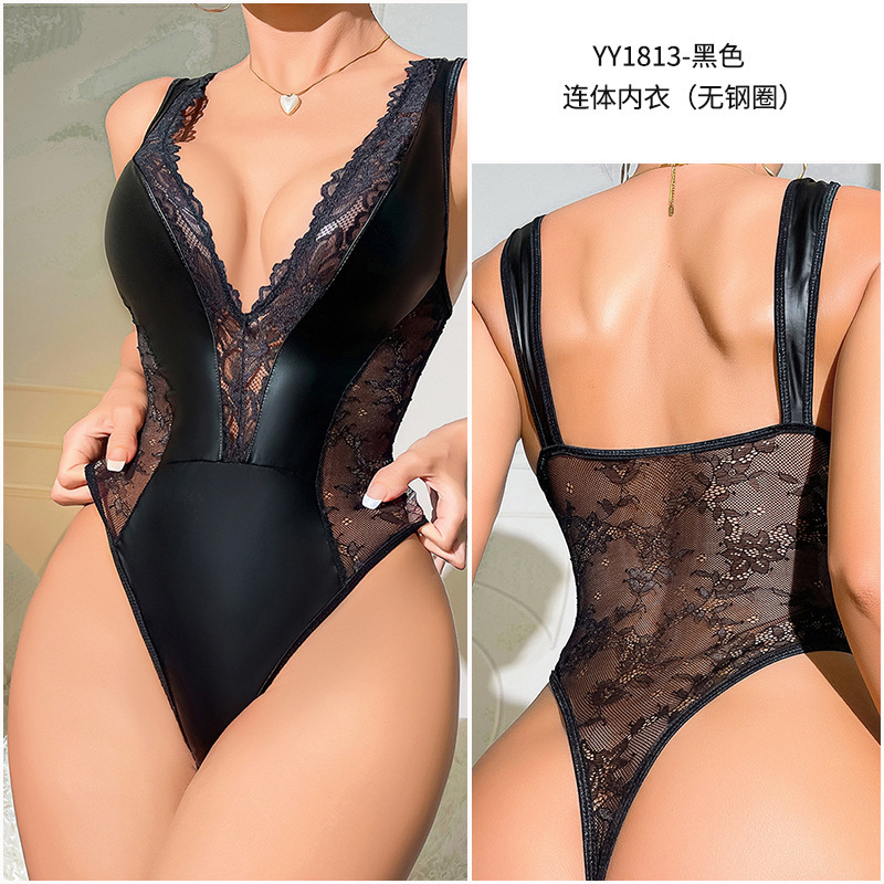 European and American sexy lingerie wholesale New tight body shaping jumpsuit matte leather lace sexy seamless corset