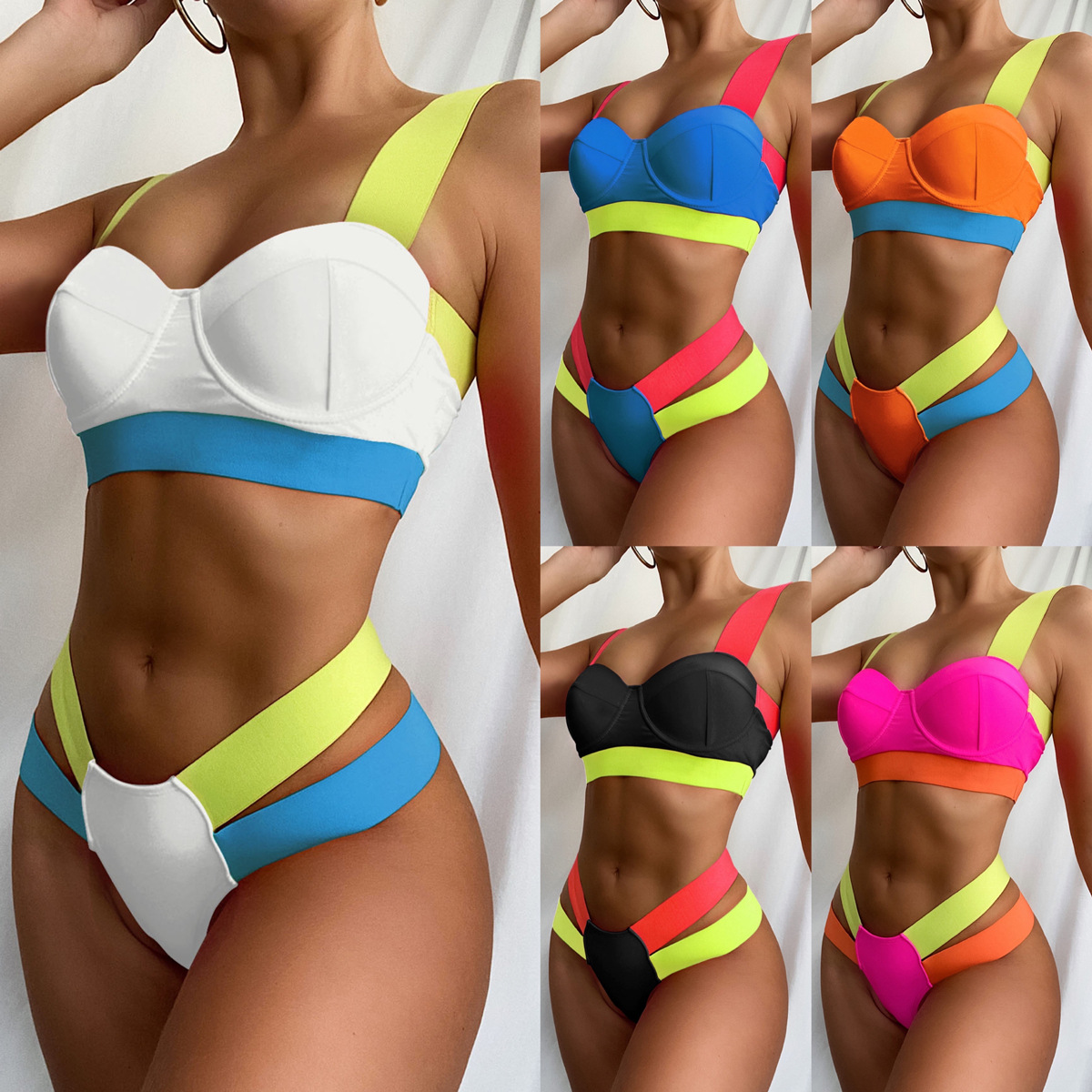 European and American Explosions Color Contrast Bandage Bikini Women's Hard-coated Steel-braced Swimsuit Amazon ebay Swimsuit