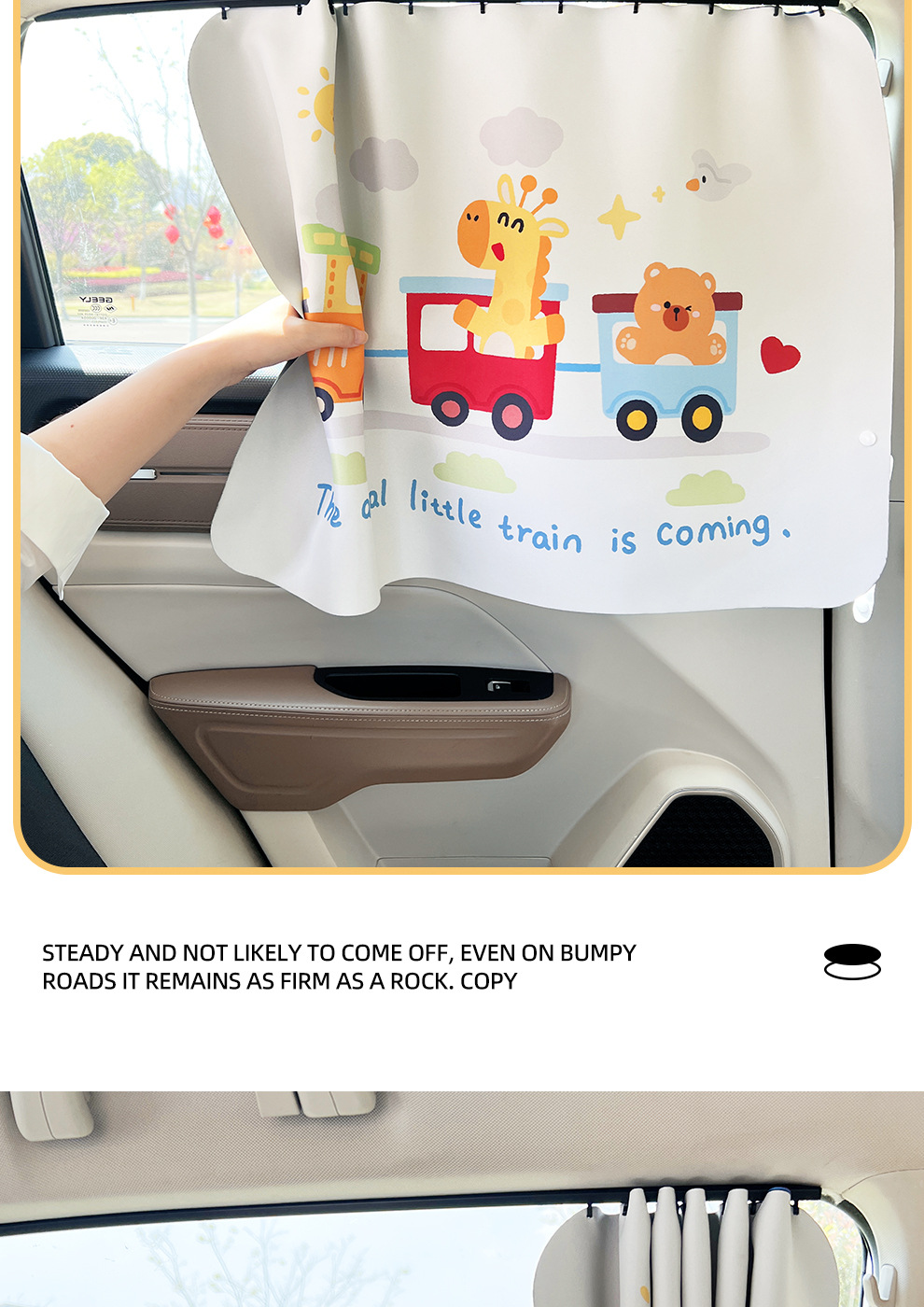 Car window curtain, track-mounted, hanging style, sunshade, privacy screen for car interior, sun protection, heat insulation, sliding rail, cartoon design, blackout curtain