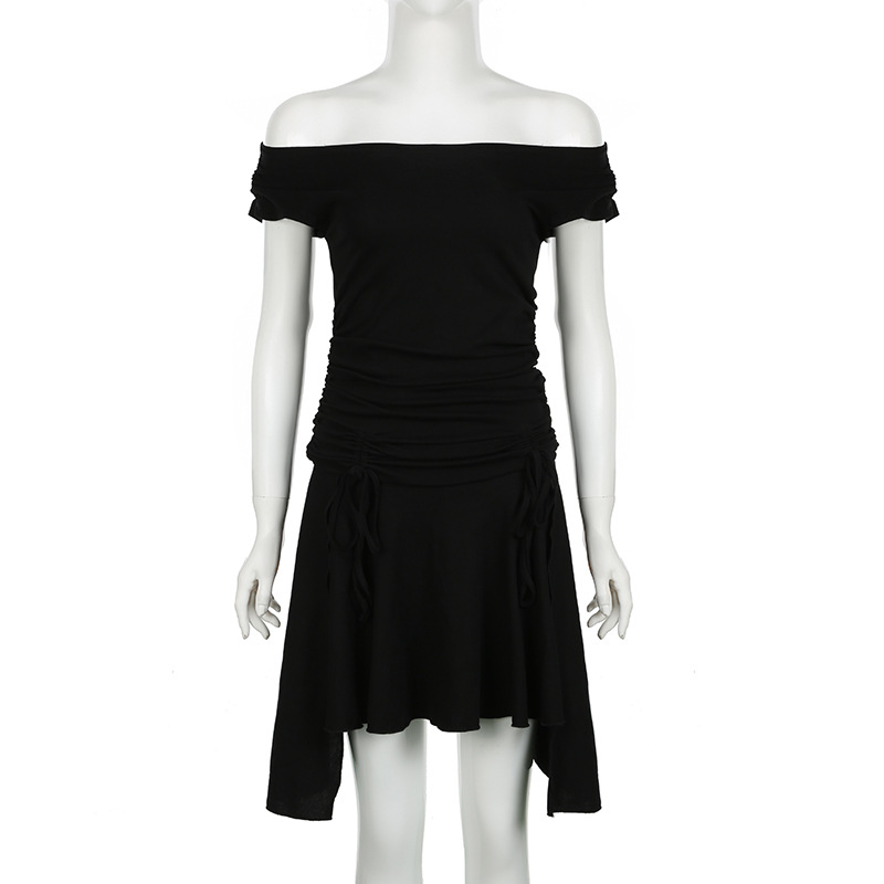Sexy Drawstring Lace Pleated Waist Tight Slimming Irregular Asymmetric Dress Multiple Wear off the Shoulder Slim Fit