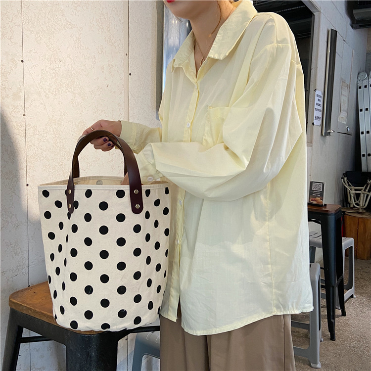 Double Handle Strap Type Women's Medium Canvas Round Dots Smile Face Cute Bucket Open Handbag