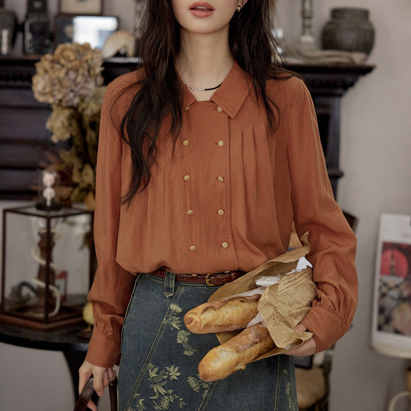 soligther French Lyocell Double Breasted Loose Puff Sleeve Shirt for Autumn