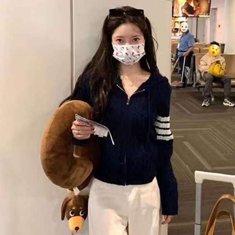 韩版慵懒风长袖连帽毛衣学院风内搭经典连帽麻花针织开衫女秋冬|undefined