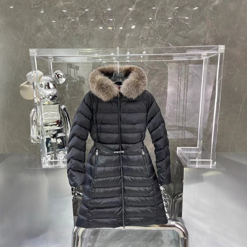 High Version MO Mengjia 8818 Women's Long Metal Buckle Belted Waist Fur Collar Hooded Down Jacket Women's Down Jacket