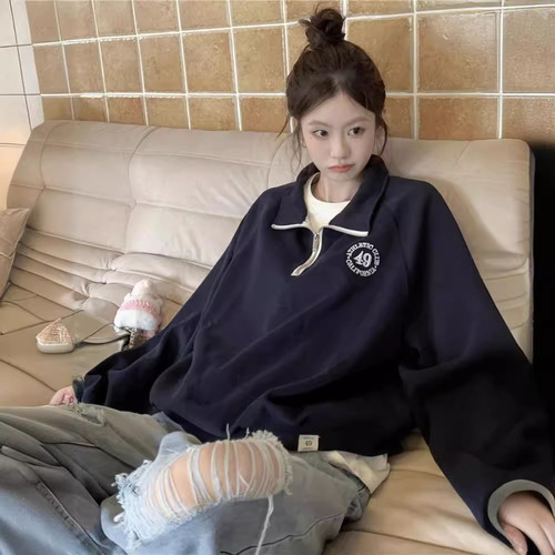 Women's Loose Fit Polo Neck Crew Neck Sweatshirt with Hand-Embroidered Retro Shoulder Design, Youthful and Age-Defying Hooded Cotton Top