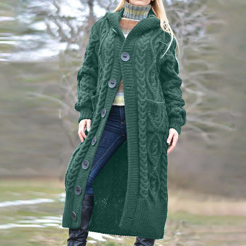 Suéter Largo de Punto con Botones y Capucha para Mujer, Color Sólido, Estilo Cardigan, Novedad Otoño-Invierno 2025, Comercio Exterior Transfronterizo, Amazon