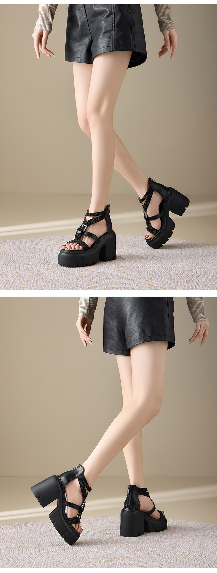 Sandal cao gót nữ đế xuồng gót 12 cm phong cách La Mã hở mũi đính đá — màu đen, màu trắng ngà chi tiết 11
