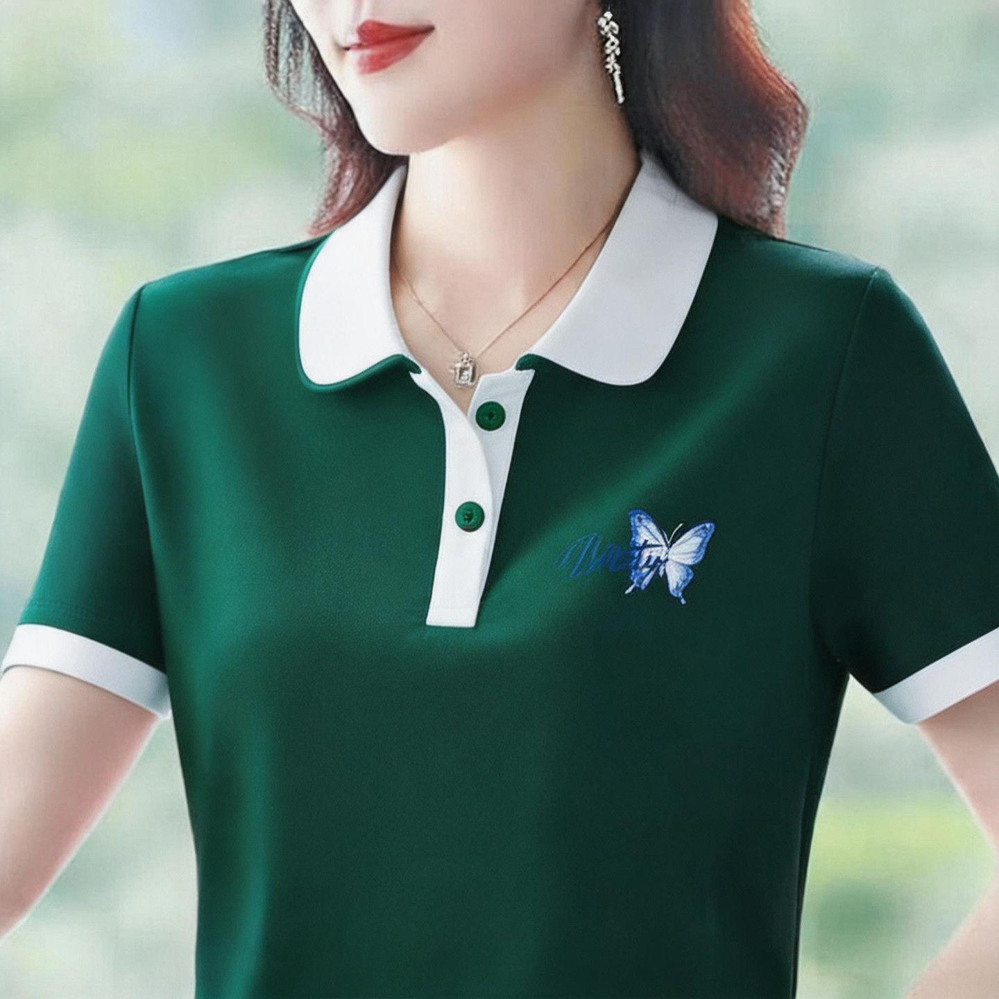 Pure cotton women's summer comfortable short-sleeved T-shirt, new style, loose fit, slimming, versatile, fashionable lapel top.