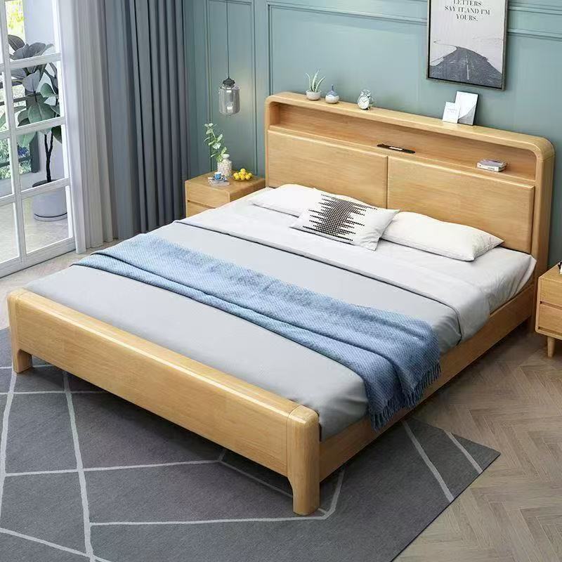 Nordic Solid Wood Bed Modern Simple Night Light 1.8m Double Bed 1.5 Single Storage Bed Small Apartment Soft Back Wedding Bed