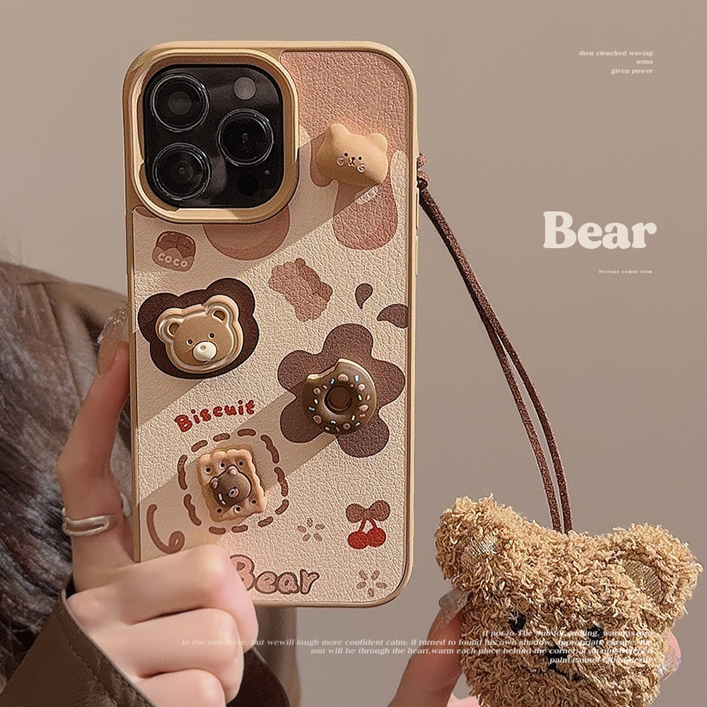 Funda de Teléfono 3D con Diseño de Oso de Galleta para iPhone 16, 17 Pro Max, 13, Compatible con iPhone 15, con Cordón Bonito, 12, Rígida