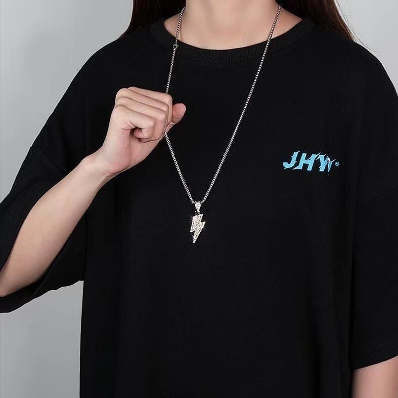 Daily Occasion IG Style Hip-Hop Lightning Alloy Titanium Steel Inlay Rhinestones Unisex Pendant Necklace Men Pendant Necklaces