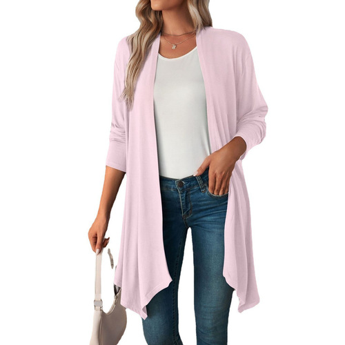 Women's pure color long sleeve open jacket, autumn new fashion casual long top from Europe and America