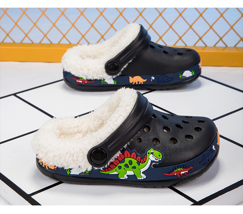 Giày clog trẻ em lót lông tháo rời họa tiết hoạt hình — —6 màu hồng, —6 màu đen, —6 xanh dương chi tiết 17