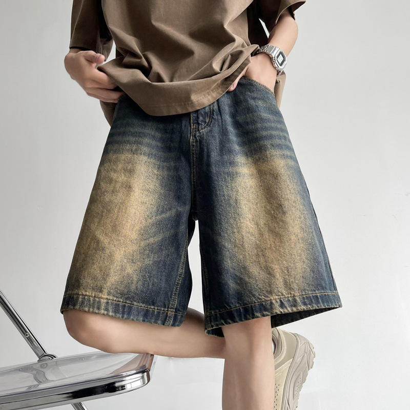 Pantalones cortos de mezclilla rasgados de estilo fino de verano pantalones sueltos retro vibe americanos para hombre
