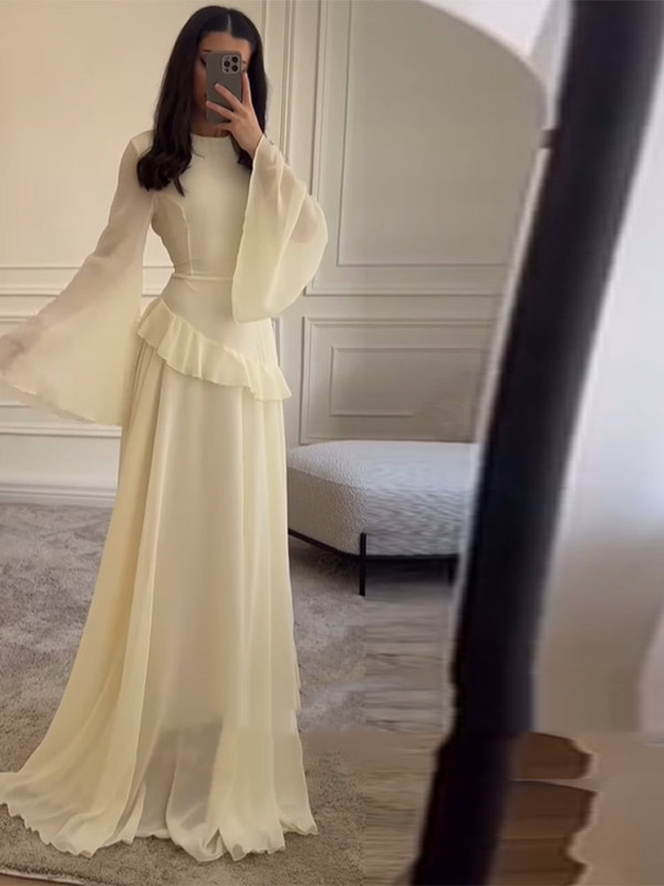 跨境欧美风2025秋季新款女装喇叭袖花边装饰纯色连衣长裙百搭显瘦|undefined