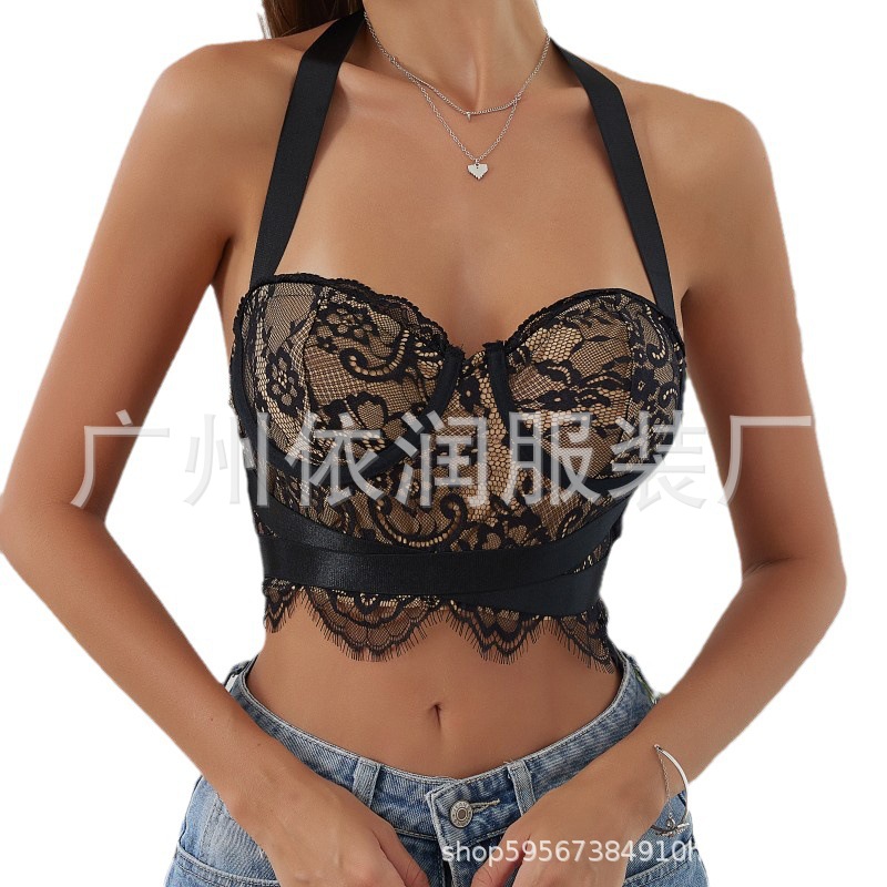 Top corto versátil de Amazon para comercio exterior, sexy, con encaje de pestañas, con aros, sin espalda, ajustado y con cuello halter.