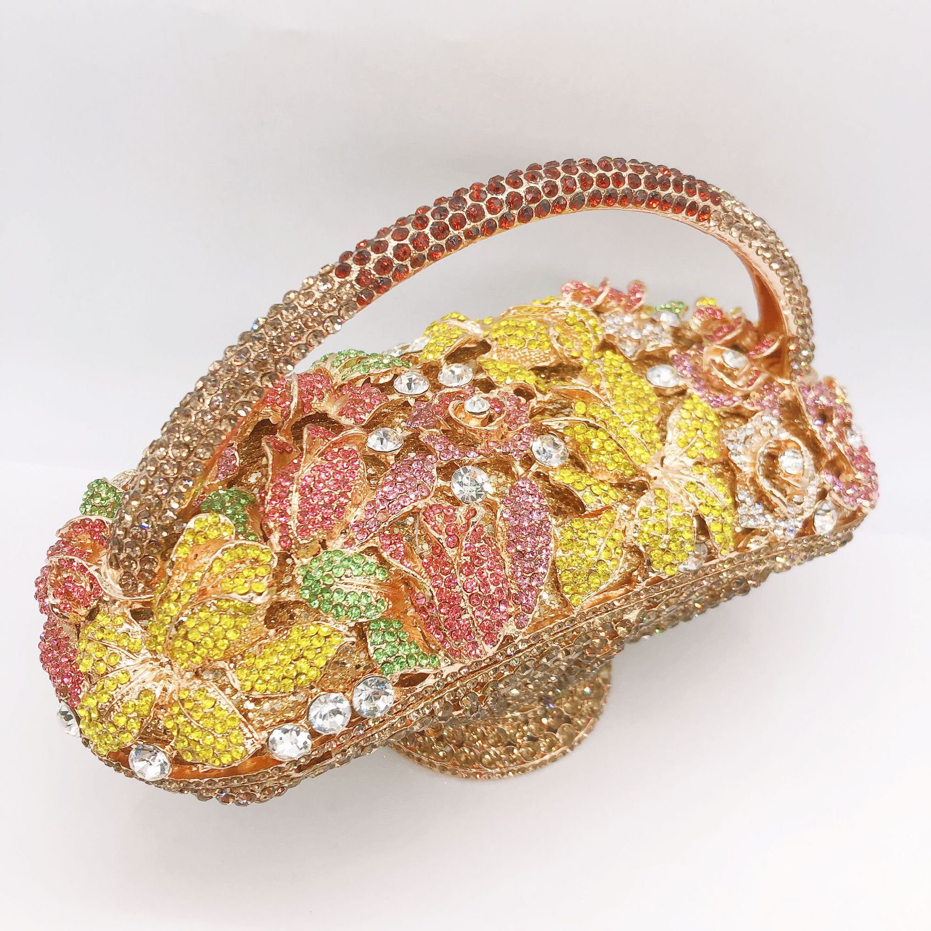 Túi clutch nữ đính kim cương giả hình giỏ hoa, xách tay dự tiệc, đeo chéo một bên vai — 1 # màu hồng, 2 # vàng trắng, 3 # màu bạc, 4 # Champagne chi tiết 6