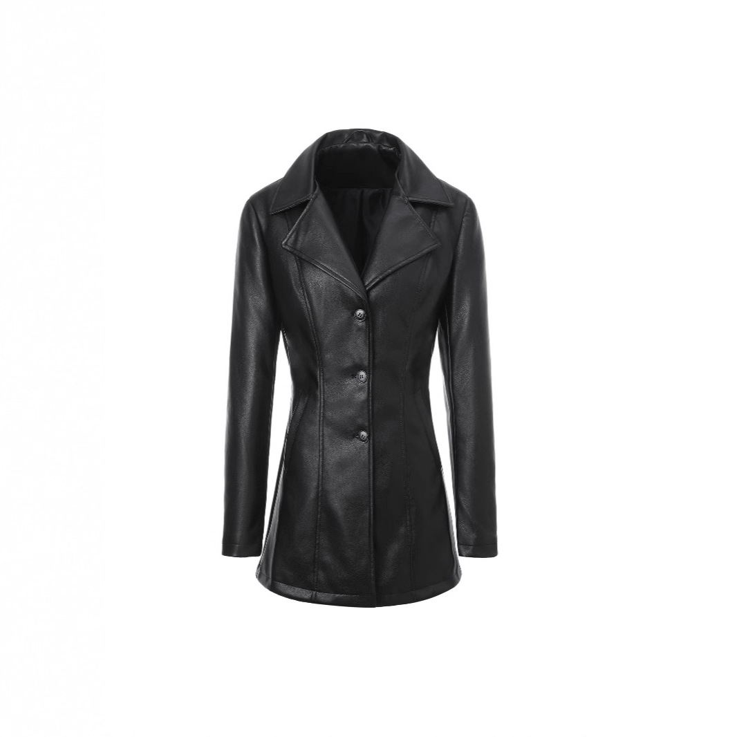 2025欧美中长款皮衣春秋长袖皮风衣英伦外套女翻领单排扣潮流爆款