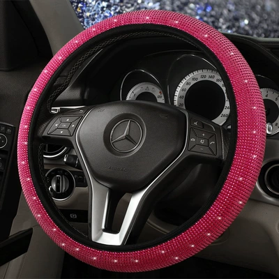 Protective Cover, Universal Rhinestone-Encrusted Steering Wheel: Steering wheel cover - rose-red-diamond-on-rose-red-background-38cm