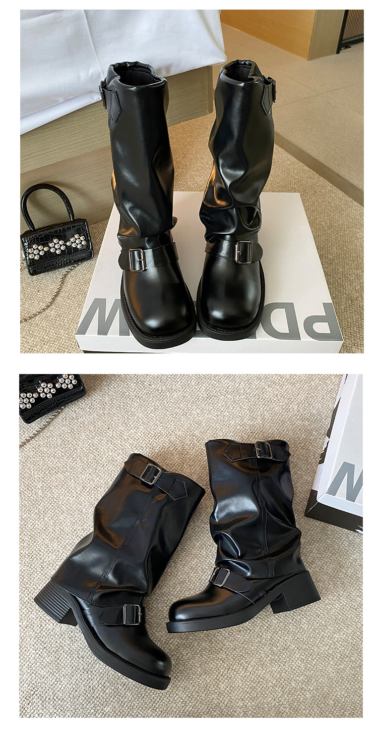 Stivali con fibbia a cintura e plissettati in pile per donna 2023 nuovi stivali retrò con tacco spesso e plateau a metà polpaccio stivali da sigaretta alla moda di strada_voghion.com