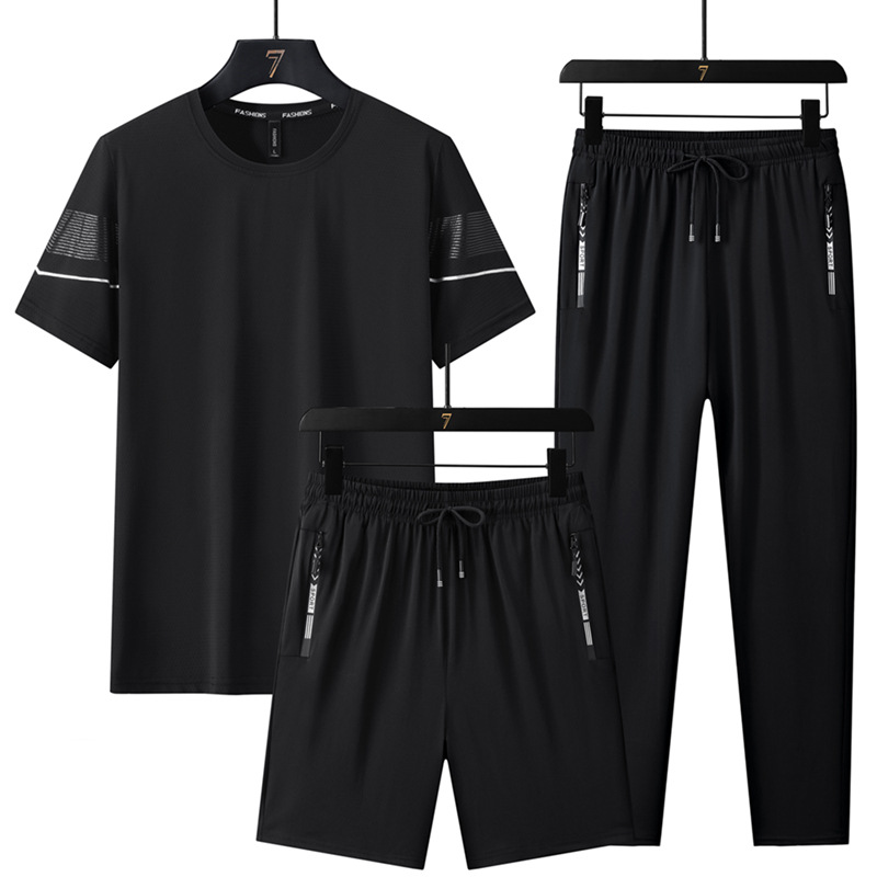 Trajes deportivos de seda de hielo de verano para hombres, mangas cortas, pantalones cortos, pantalones largos, carreras casuales, secado rápido, delgado, conjunto de tres piezas al por mayor