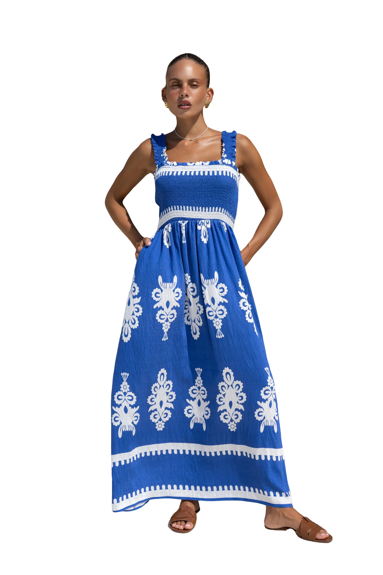 364g Weight Maxi Long Dress Dress Length Type Sleeveless Sleeve Length Strap Dress Dresses Type Polyester Fabric Type High Waist Waist Line Holiday Occasion Strap Neckline Loose Fit Type Printing Pattern 2025 Spring and Summer Season Women's Gender Elegant, Vacation Style Wholesale Women's Elegant Vacation Printing Holiday Strap Sleeveless Strap Dress 9