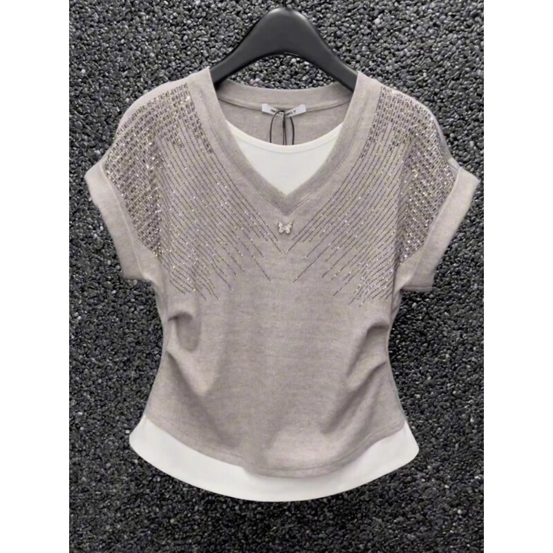 Short-Sleeved T-Shirt for Women 2026 Summer Rhinestone Patchwork Design Fashionable Casual Versatile Slimming Top A3867