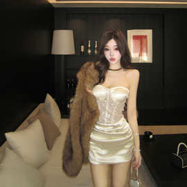 千金名媛生日宴会小礼服高级性感亮片鱼骨收腰缎面包臀短连衣裙女