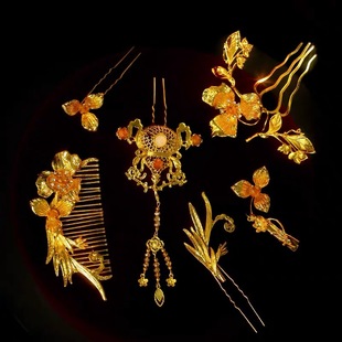 Bridal Simple Dragon and Phoenix Jacket Golden Classical Gourd Flower Tassel Hairpin Ancient Costumes Xiu Hei Jewelry MT061