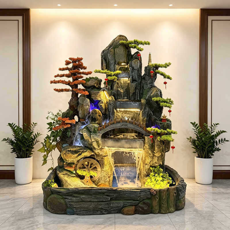 Large Rockery Water Fountain Ornament for Home Living Room Entrance Fish Pond Circulating Water Decoration for Wealth Enhancement Office Landscape