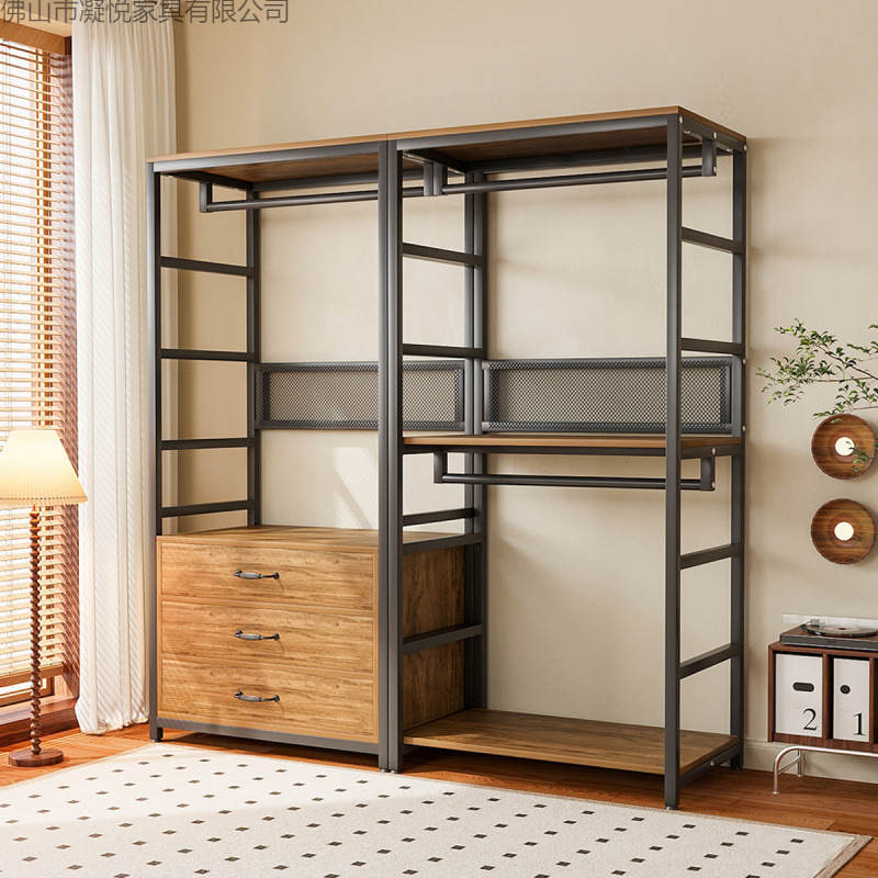 Open Wardrobe Side Walk-In Closet Storage Combination Clothes Shelf Clothes Hanger Floor-Standing Bedroom Metal
