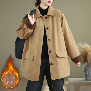 实拍2025年冬季新款中长款夹棉工装式加厚复古翻领棉衣服上衣女装