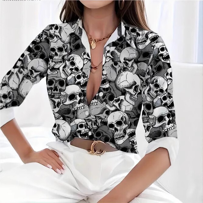 European and American Cross-Border New Fashion Casual Versatile Trendy Casual Skull Pattern Printed Women's Long-Sleeved Shirt European and American Cross-Border New Fashion Casual Versatile Trendy Casual Skull Pattern Printed Women's Long-Sleeved Shirt