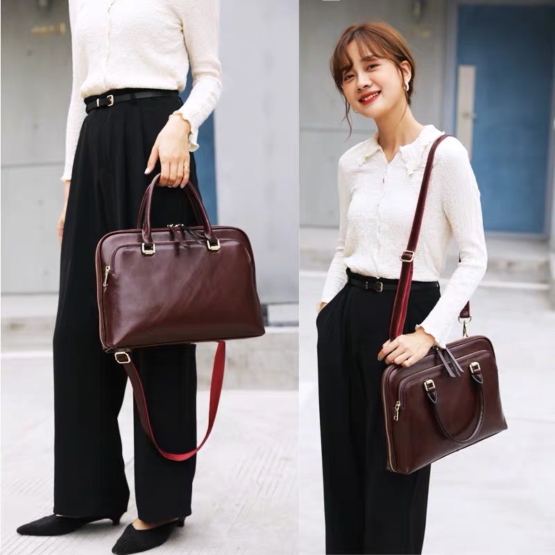 New Top Grain Cowhide Leather Women's Handbag, Fits 13-14 Inch Laptop Bag, Shoulder Crossbody Briefcase - Thumbnail 2