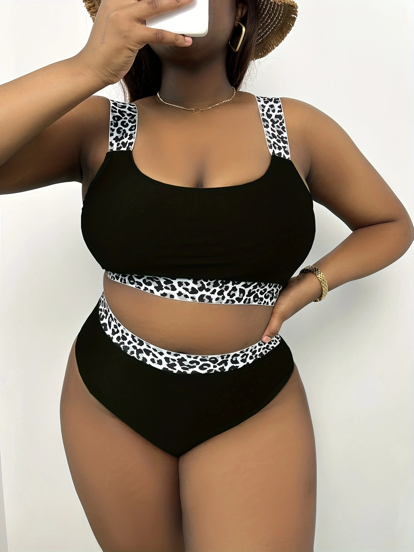 New European American Style Plus-Size Tank Top Bikini With Solid Color And Leopard Print, High-Waisted, Popular On_ecoleips.com