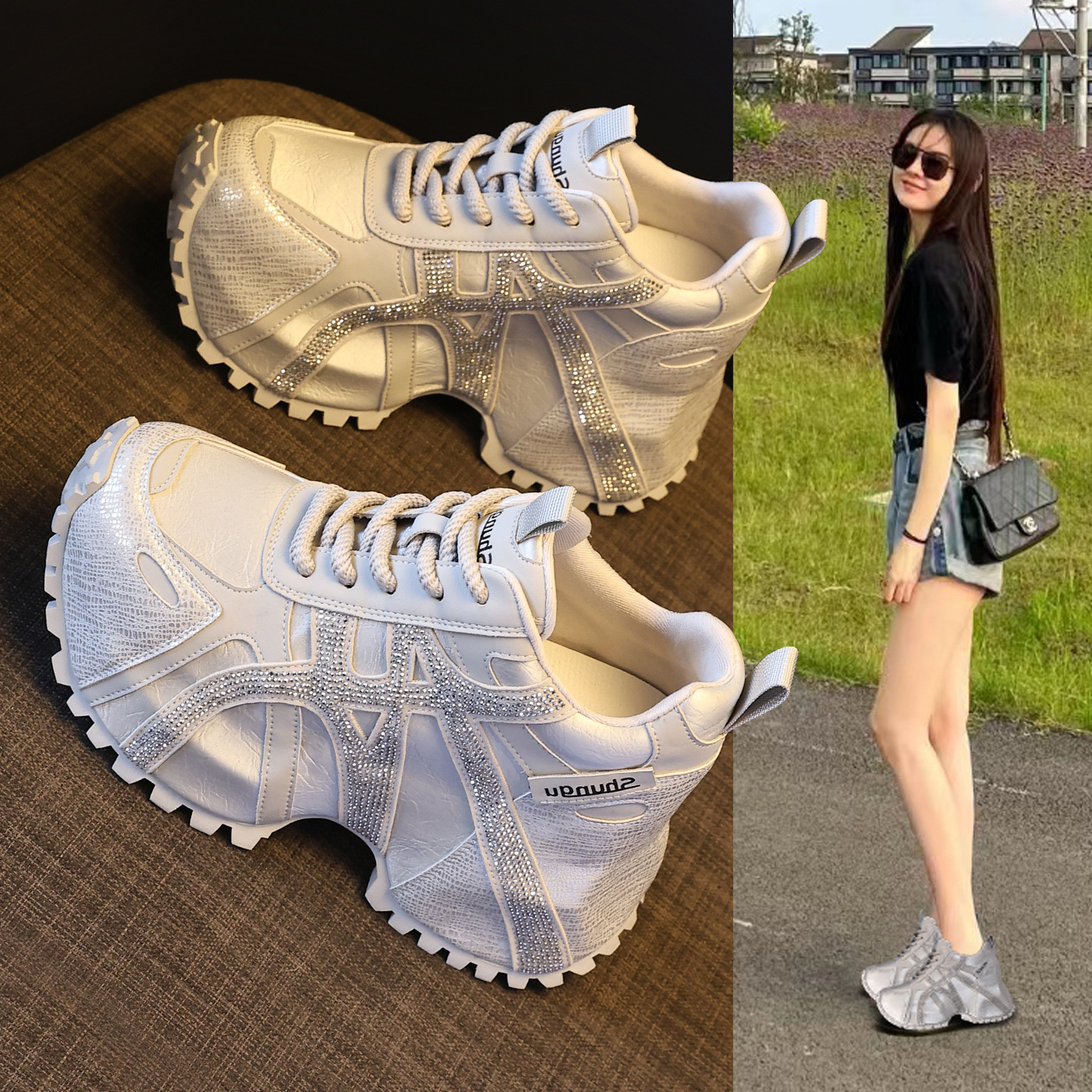 Giày sneaker nữ đế dày chunky đính đá rhinestone phong cách thể thao thời trang — màu be