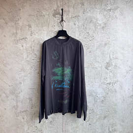 ins毒家巴黎B家艺术涂鸦印花长袖T恤男女情侣世家下摆剪烂设计tee