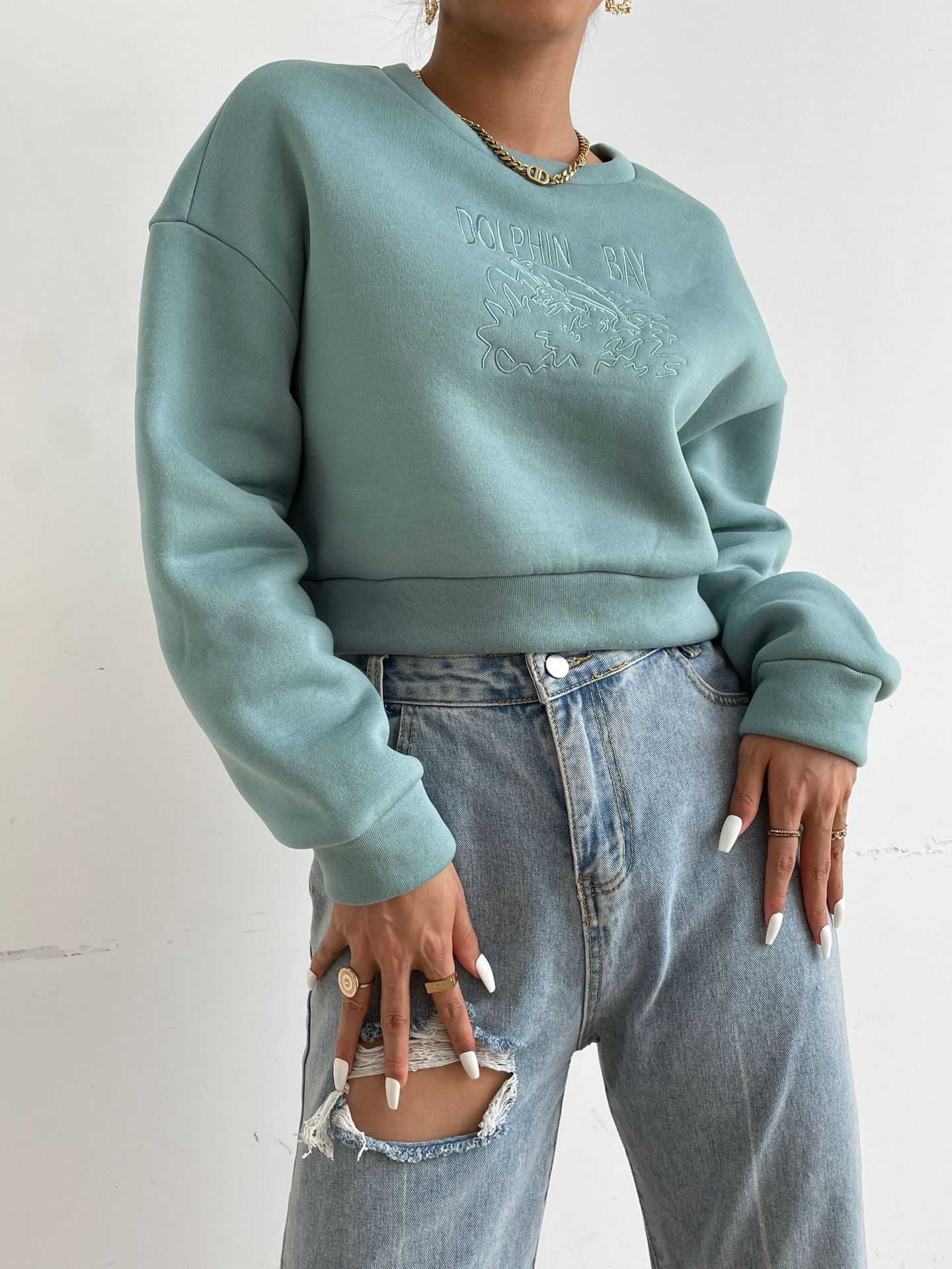 round neck embroidery drop shoulder casual pullover sweatershirt nihaostyles wholesale clothing NSGMY82666
