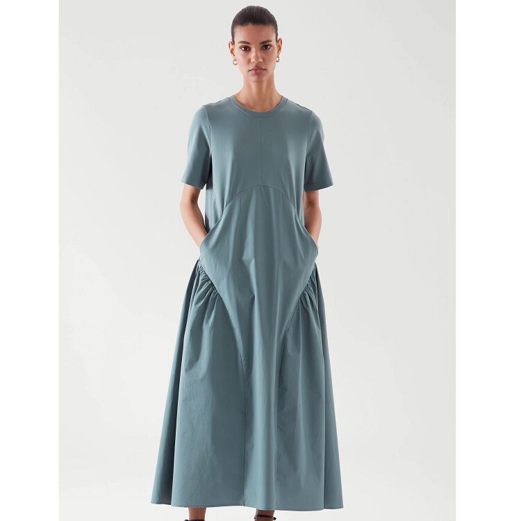 Spring and Summer Long Pleated T-Shirt Dress, Gray-Blue Skirt, Short-Sleeved A-Line Long Dress, Fashionable and Versatile