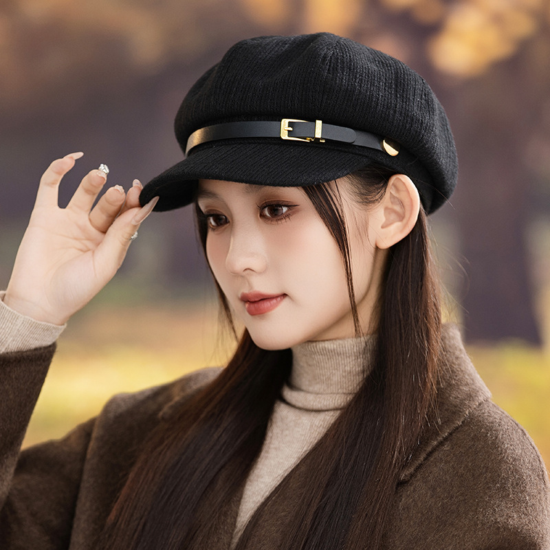 新款显脸小平顶鸭舌帽英伦风秋冬女士鸭舌帽八角帽女贝雷报童帽子|undefined