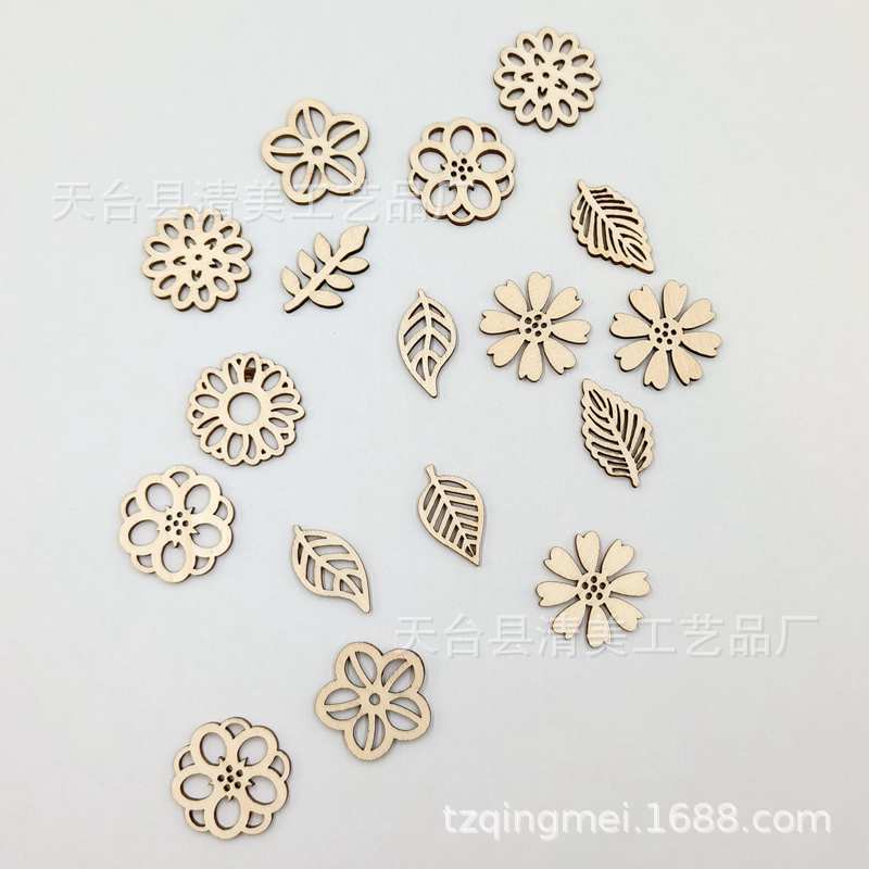 Madera hueco flores/hojas mixtas madera chip láser talla graffiti pintura hecha a mano parche 50 unids/bolsa