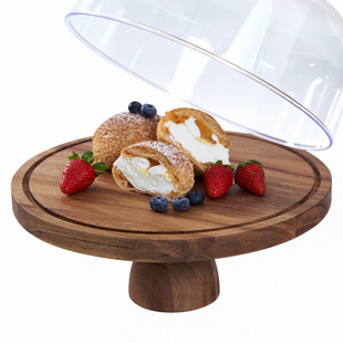 Acacia Wood Dessert Display Stand with Transparent Acrylic Cover, Tasting Dessert Plate, Dustproof Glass Cover, Cake Tray